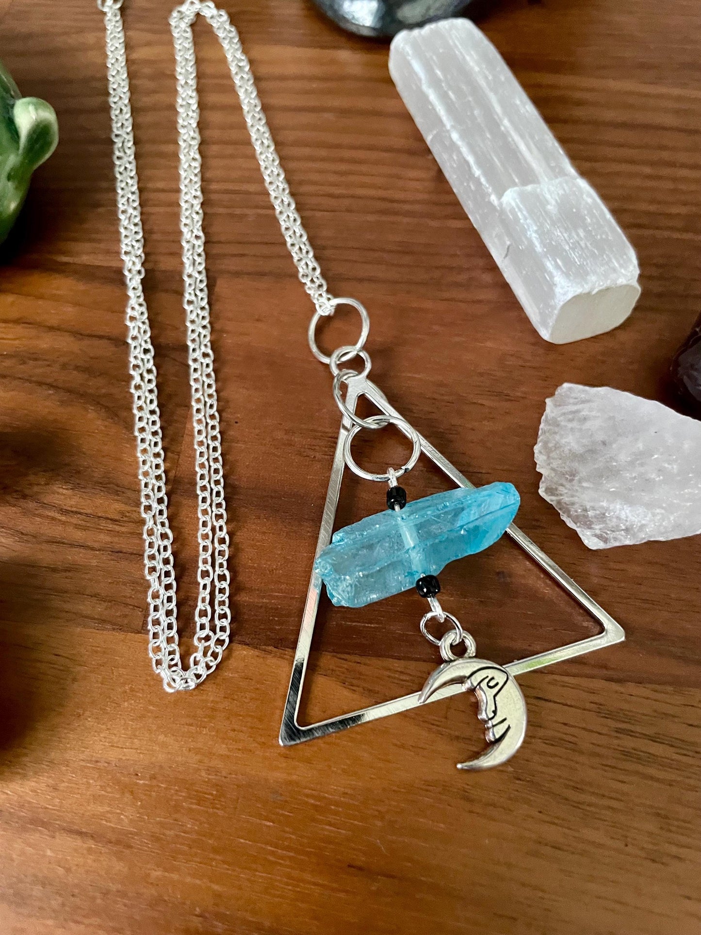 Aqua Quartz Crystal Silver Tone Man in the Moon Dangly Triangle Statement Necklace | Halloween gifts | Nickel Free Hypoallergic chains