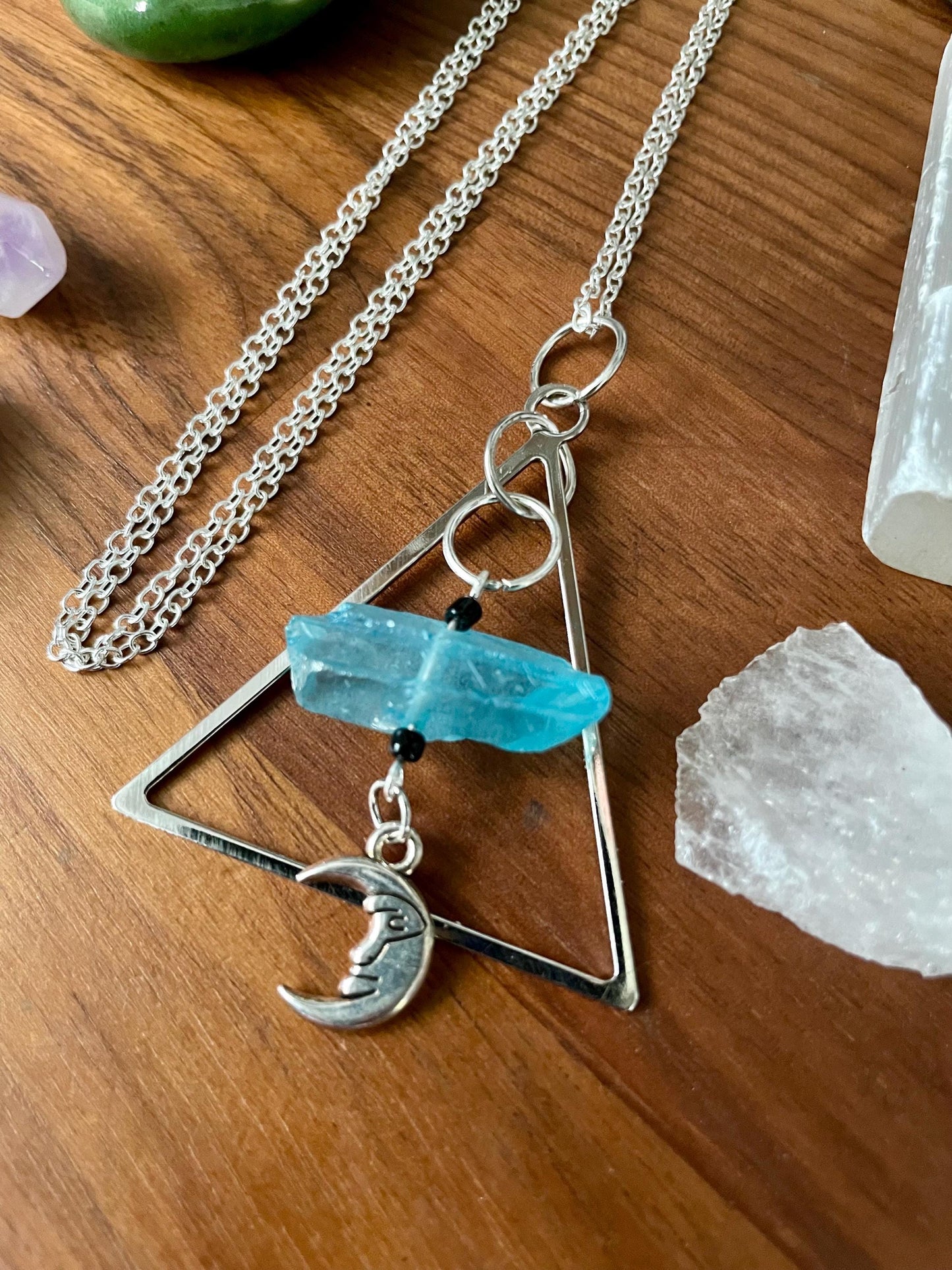 Aqua Quartz Crystal Silver Tone Man in the Moon Dangly Triangle Statement Necklace | Halloween gifts | Nickel Free Hypoallergic chains