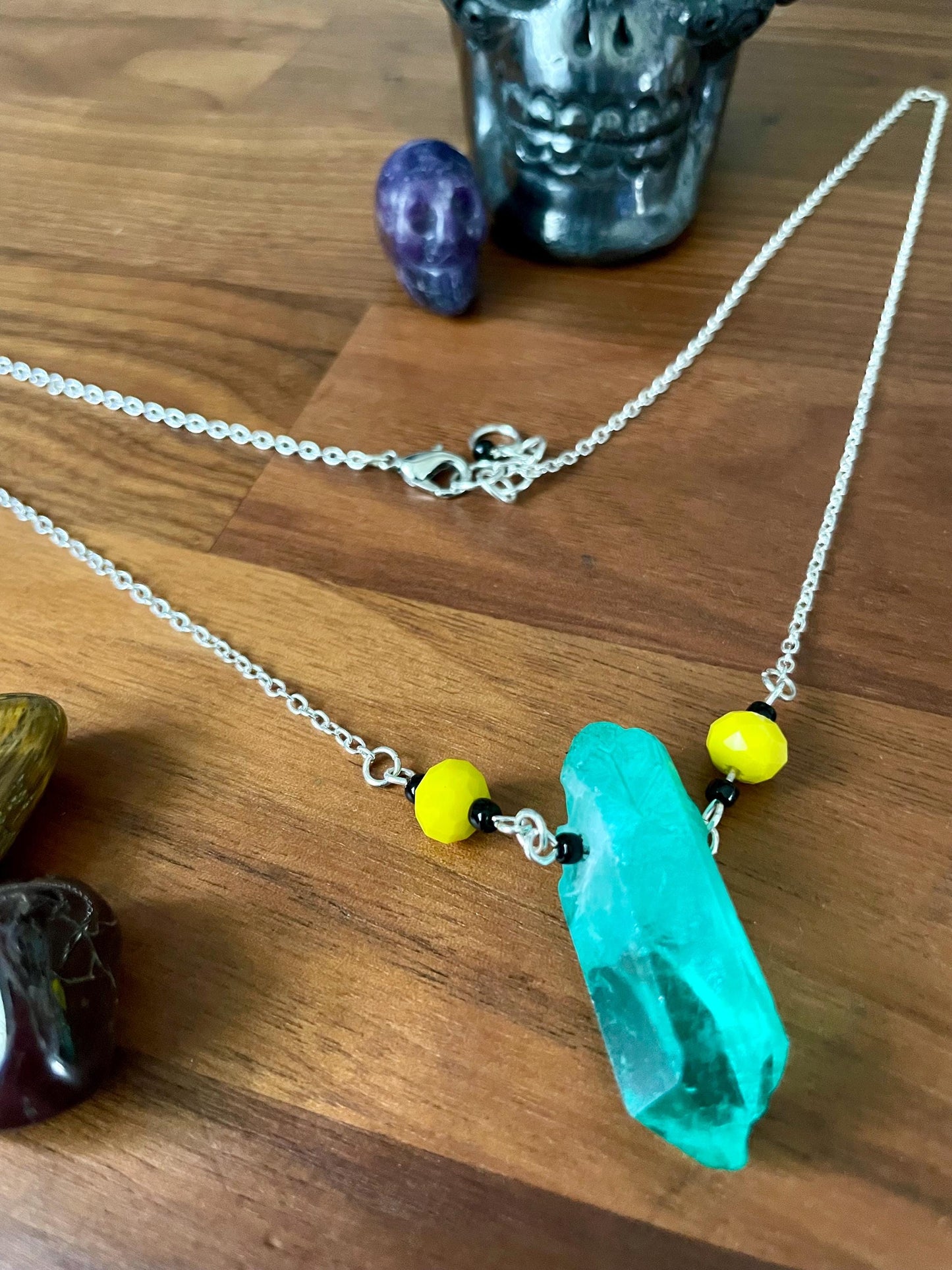 Handcrafted Sedona Quartz Crystal Statement Necklace yellow glass faceted beads | Nickel Free Hypoallergic steel chain