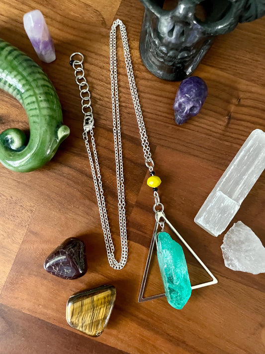 Handcrafted Sedona Quartz Crystal Triangle Statement Necklace with yellow glass faceted bead | Nickel Free Hypoallergic steel chain