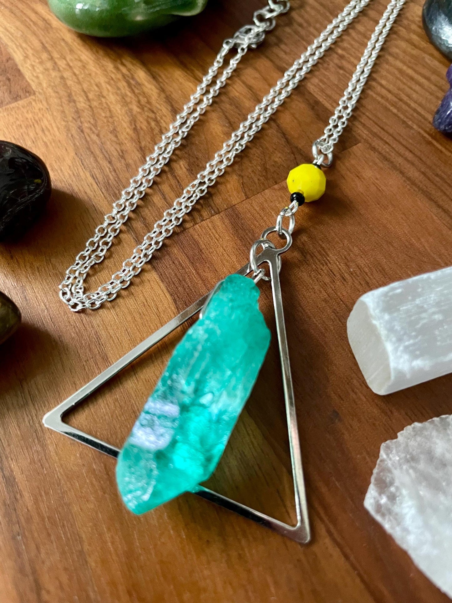 Handcrafted Sedona Quartz Crystal Triangle Statement Necklace with yellow glass faceted bead | Nickel Free Hypoallergic steel chain