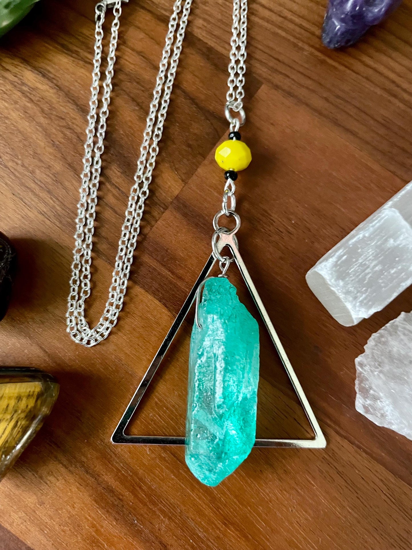 Handcrafted Sedona Quartz Crystal Triangle Statement Necklace with yellow glass faceted bead | Nickel Free Hypoallergic steel chain