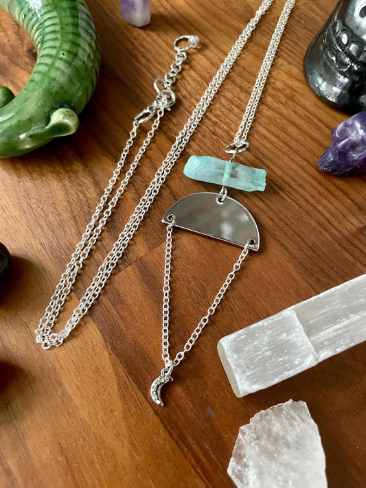 Aqua Quartz Crystal Silver Tone Moon Dangly Half Moon Statement Necklace | Halloween gifts | Nickel Free Hypoallergic chains