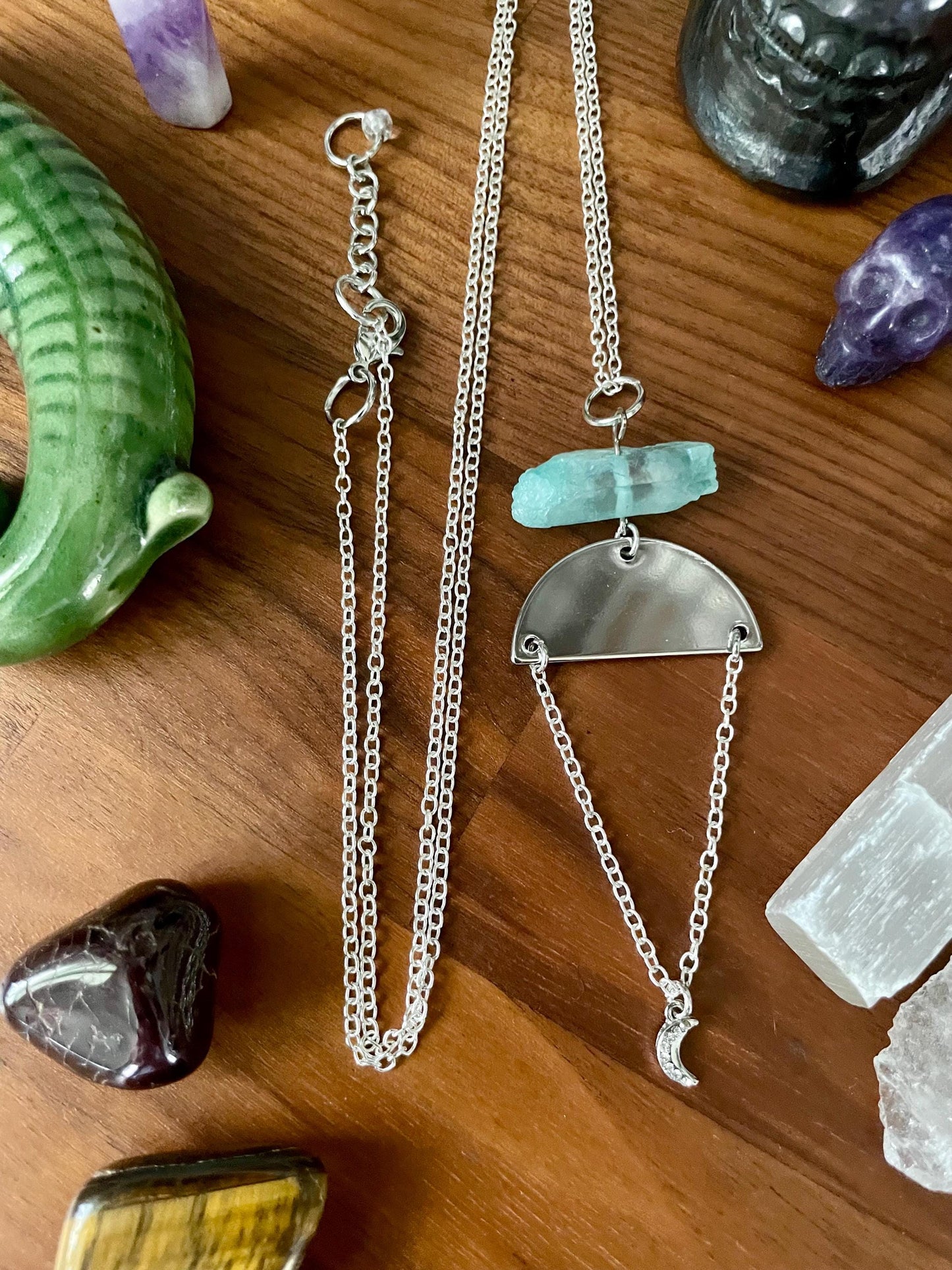 Aqua Quartz Crystal Silver Tone Moon Dangly Half Moon Statement Necklace | Halloween gifts | Nickel Free Hypoallergic chains