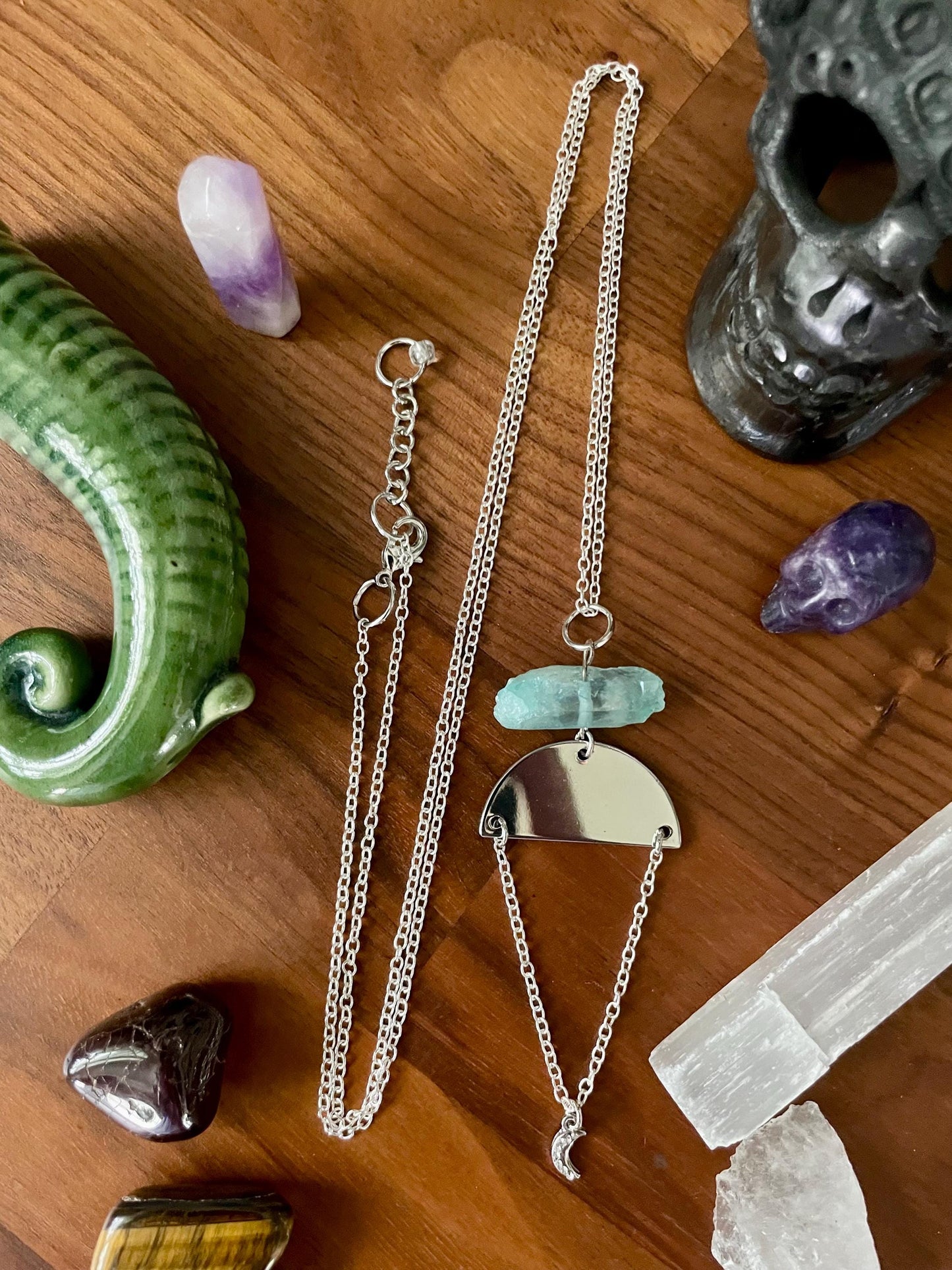 Aqua Quartz Crystal Silver Tone Moon Dangly Half Moon Statement Necklace | Halloween gifts | Nickel Free Hypoallergic chains