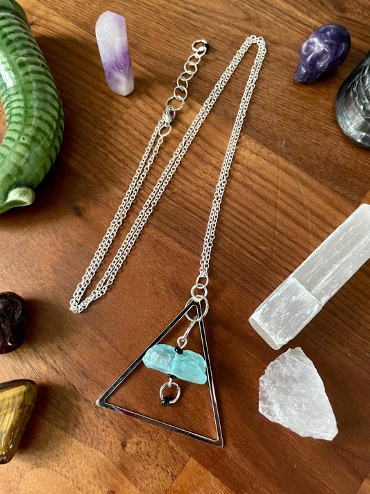 Aqua Quartz Crystal Silver Tone Dangly Triangle Statement Necklace | Halloween gifts | Nickel Free Hypoallergic chains