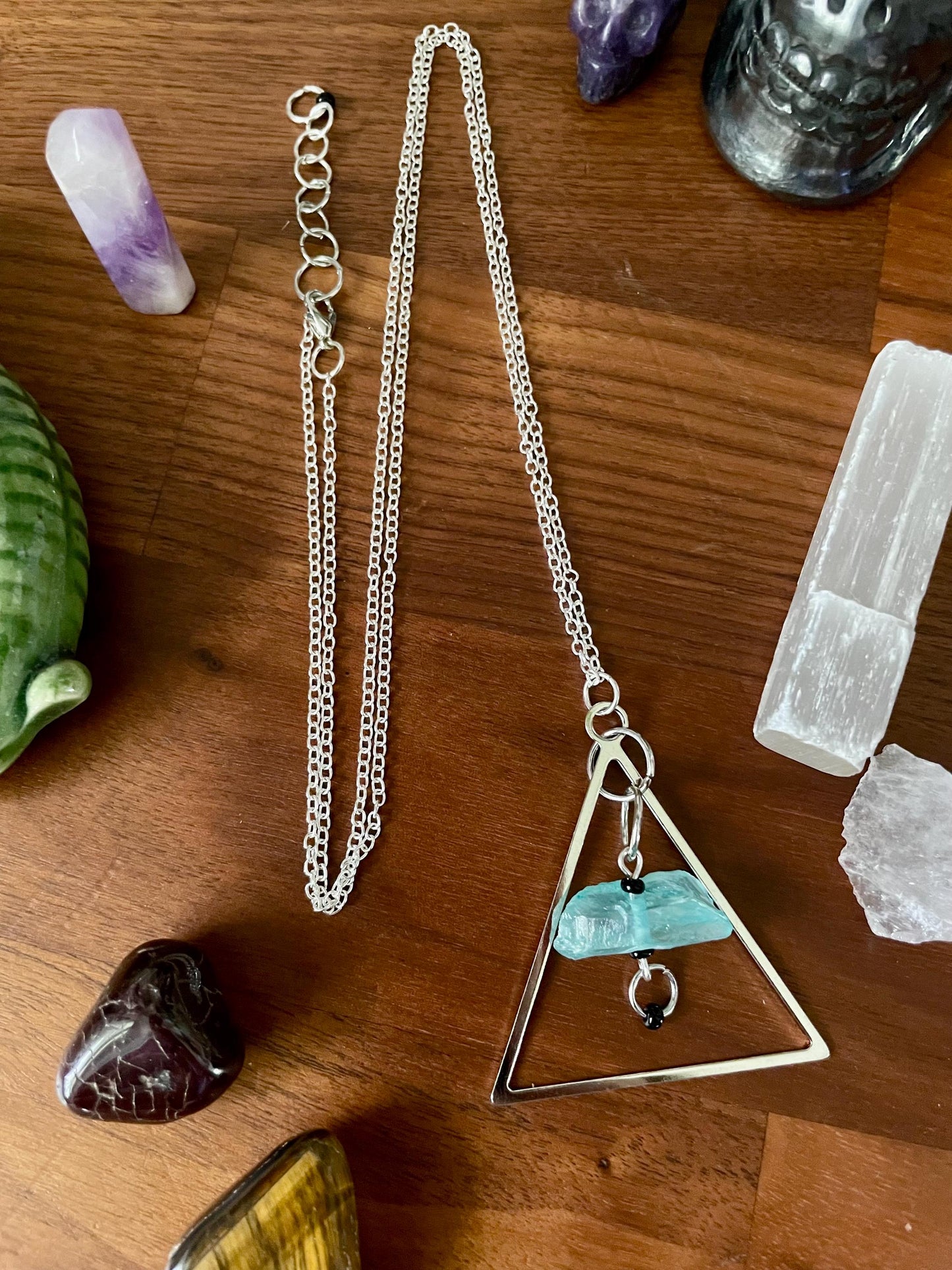 Aqua Quartz Crystal Silver Tone Dangly Triangle Statement Necklace | Halloween gifts | Nickel Free Hypoallergic chains