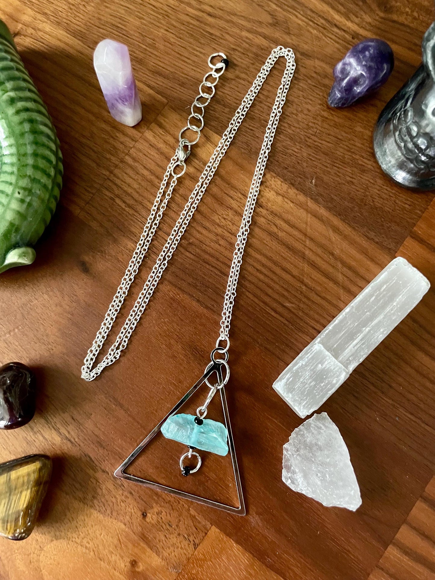Aqua Quartz Crystal Silver Tone Dangly Triangle Statement Necklace | Halloween gifts | Nickel Free Hypoallergic chains