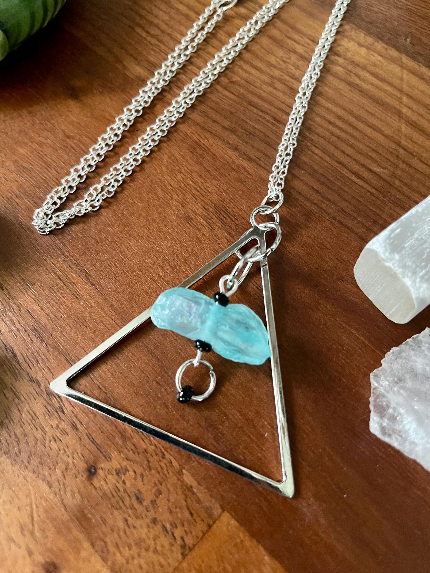 Aqua Quartz Crystal Silver Tone Dangly Triangle Statement Necklace | Halloween gifts | Nickel Free Hypoallergic chains