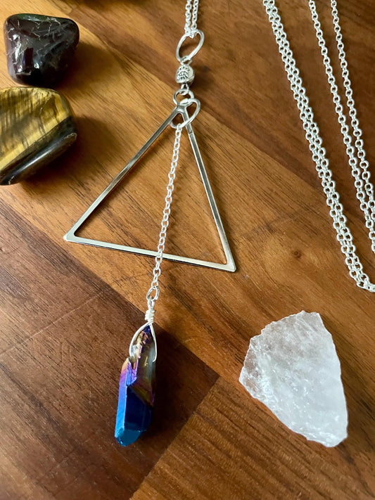 Celestial Sapphire Luster Quartz Mind's Eye Triangle dangle statement Necklace | Nickel Free Hypoallergic chains | Witchy Boho Necklace