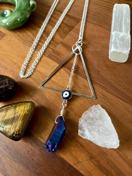 Celestial Sapphire Luster Quartz Evil Eye Triangle dangle statement Necklace | Nickel Free Hypoallergic chains | Witchy Boho Necklace