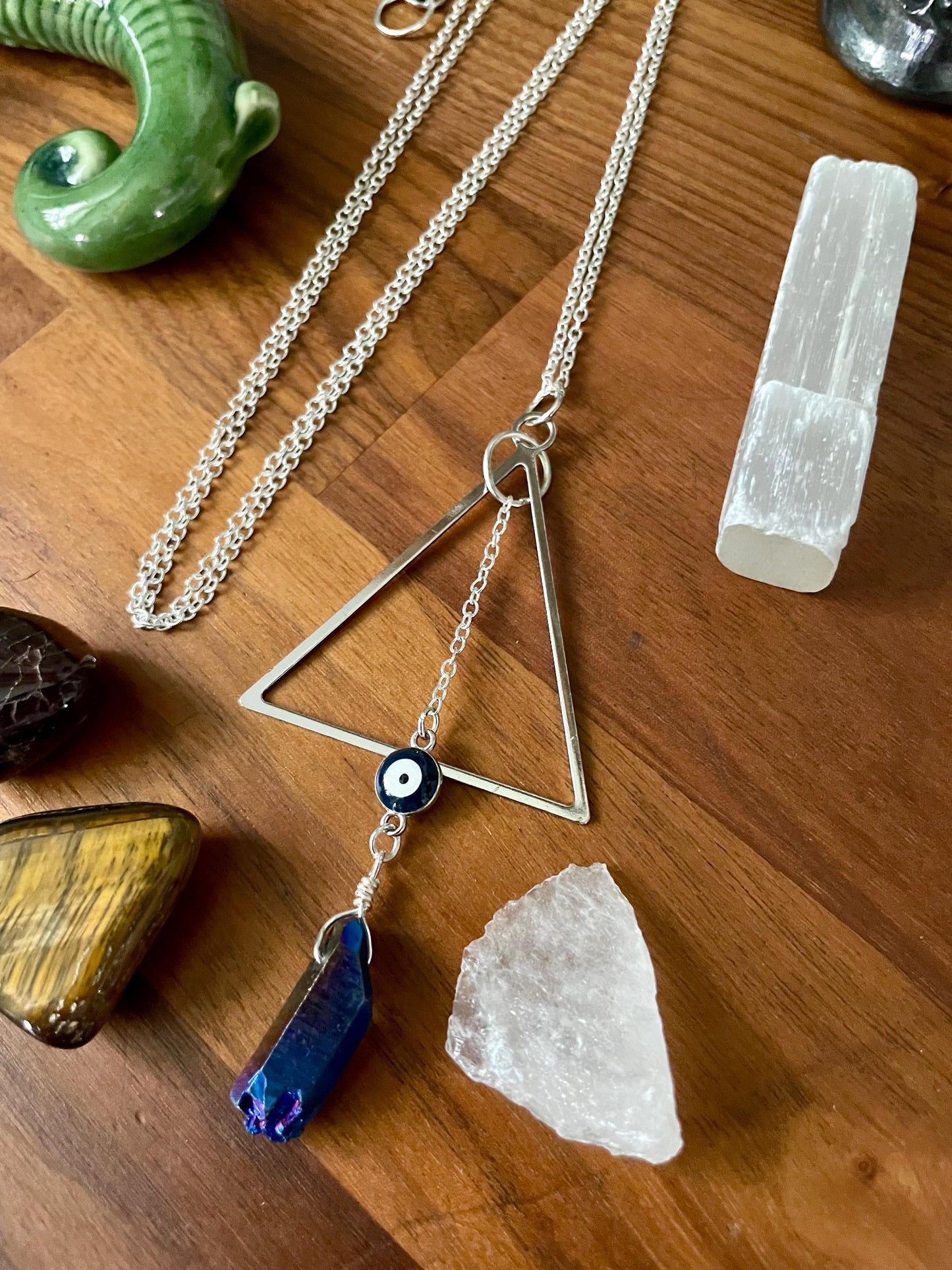 Celestial Sapphire Luster Quartz Evil Eye Triangle dangle statement Necklace | Nickel Free Hypoallergic chains | Witchy Boho Necklace