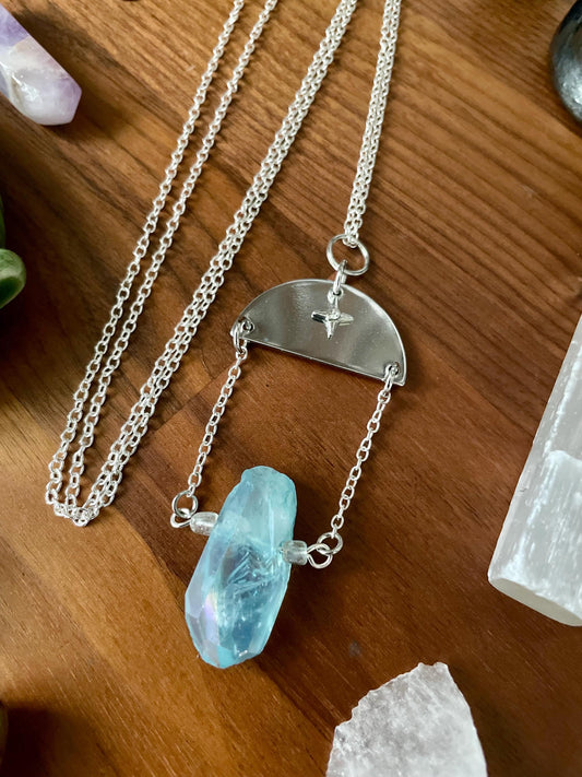 Aqua Quartz Crystal Silver Tone Twinkle Star Dangly Half Moon Statement Necklace | Halloween gifts | Nickel Free Hypoallergic