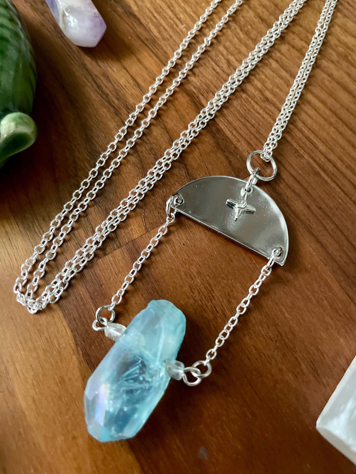 Aqua Quartz Crystal Silver Tone Twinkle Star Dangly Half Moon Statement Necklace | Halloween gifts | Nickel Free Hypoallergic
