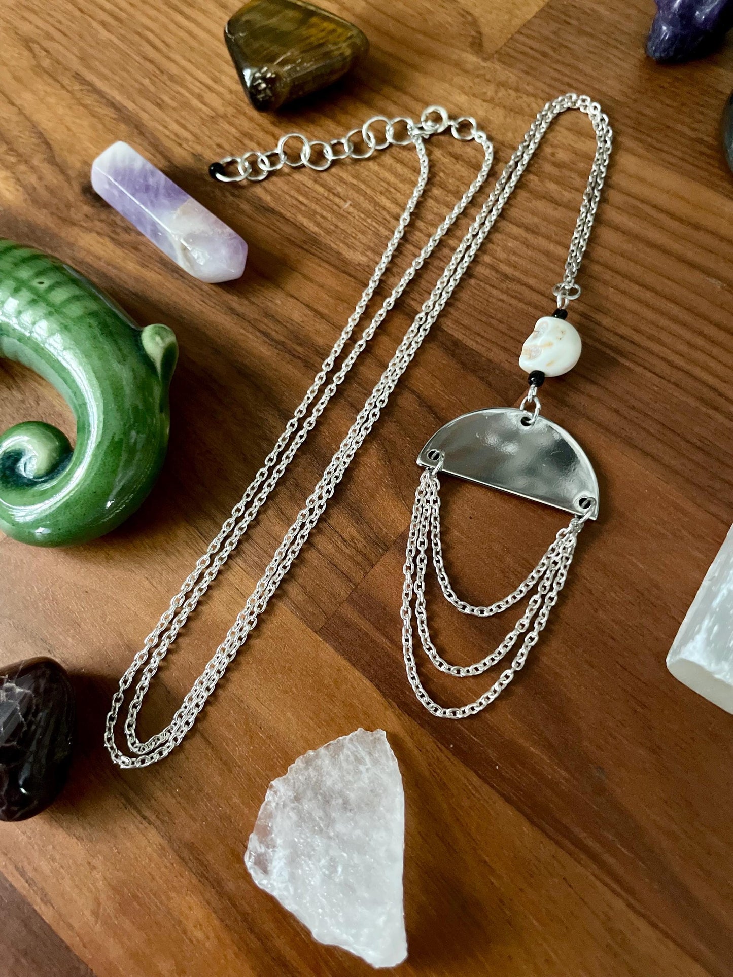 White Turquoise Skull Silver Half Moon Pendant Statement Necklace | Witchy Boho Dangly Statement necklace | Nickel Free Hypoallergic chains