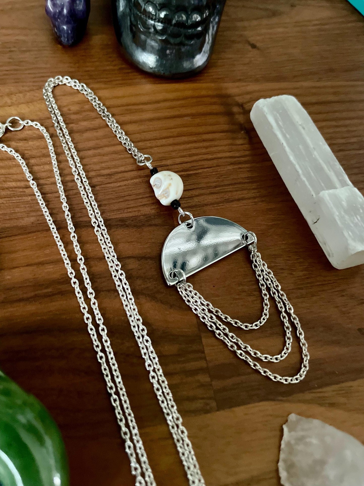 White Turquoise Skull Silver Half Moon Pendant Statement Necklace | Witchy Boho Dangly Statement necklace | Nickel Free Hypoallergic chains