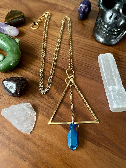 Celestial Sapphire Luster Quartz Gold Tone Triangle Pendant Statement Necklace | Nickel Free Hypoallergic chains | Witchy Boho Necklace