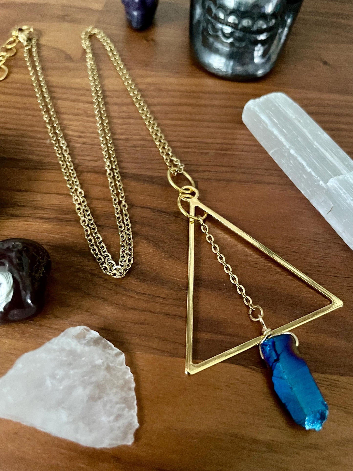 Celestial Sapphire Luster Quartz Gold Tone Triangle Pendant Statement Necklace | Nickel Free Hypoallergic chains | Witchy Boho Necklace