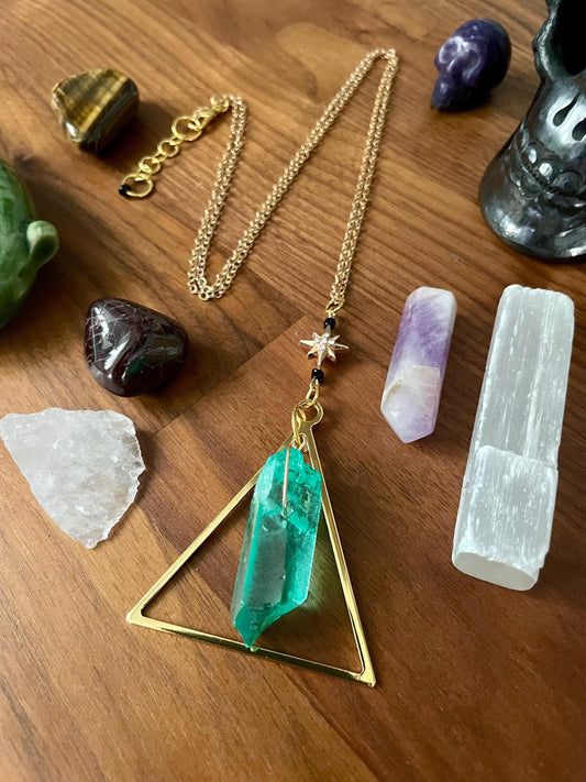 Handcrafted Sedona Quartz Crystal Triangle Statement Necklace with Gold Rhinestone Twinkle Star | Nickel Free Hypoallergic steel chain