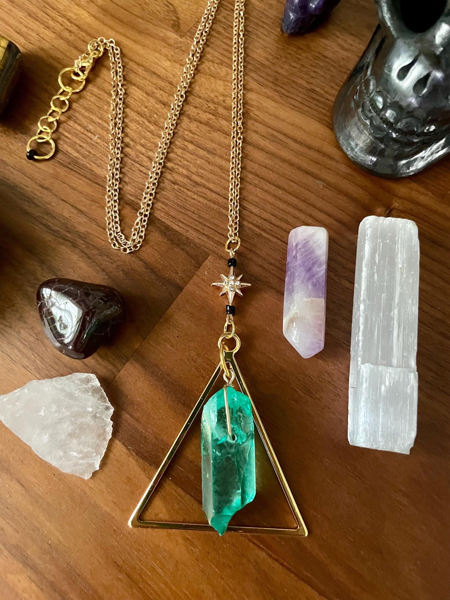 Handcrafted Sedona Quartz Crystal Triangle Statement Necklace with Gold Rhinestone Twinkle Star | Nickel Free Hypoallergic steel chain