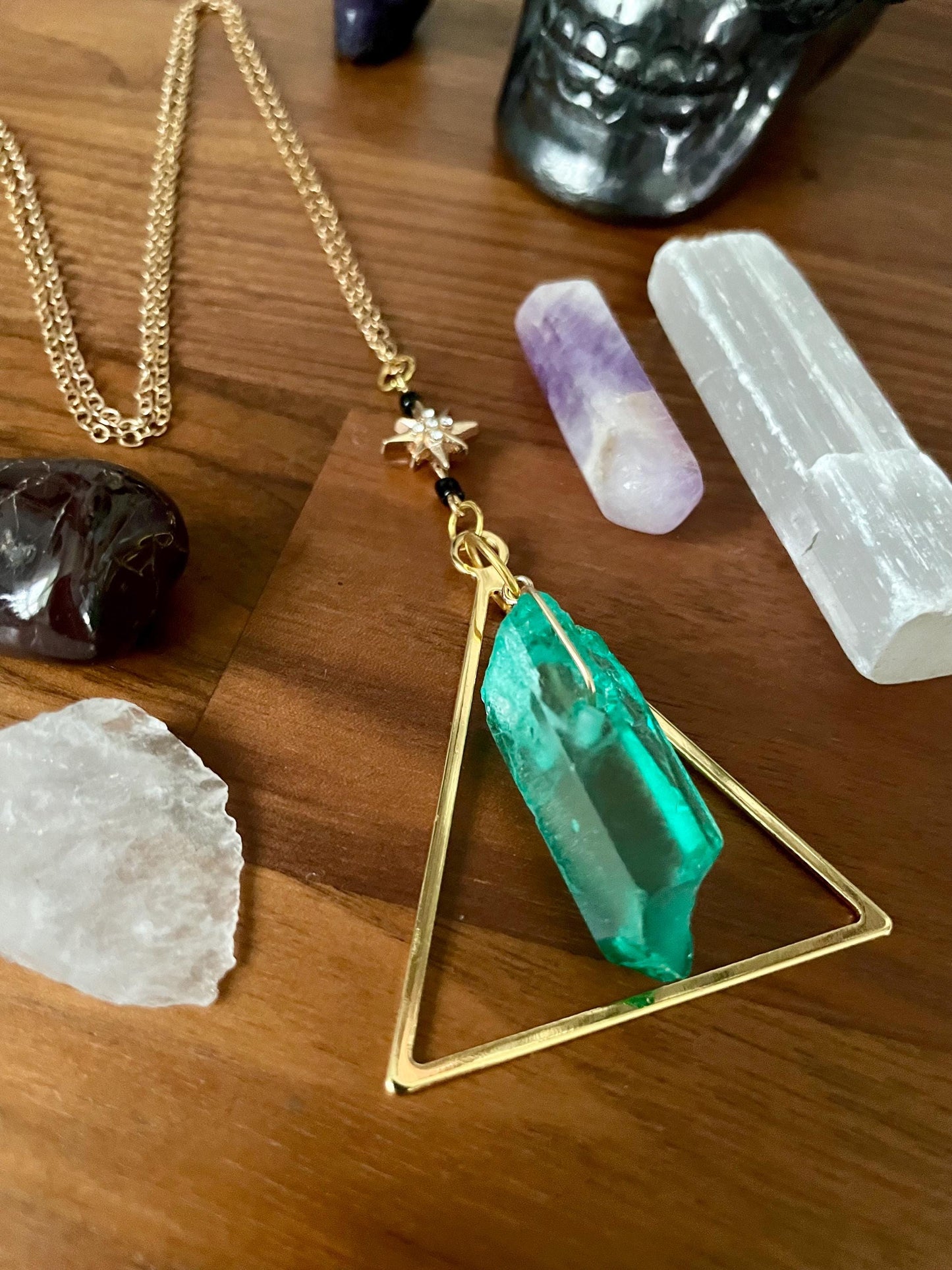 Handcrafted Sedona Quartz Crystal Triangle Statement Necklace with Gold Rhinestone Twinkle Star | Nickel Free Hypoallergic steel chain