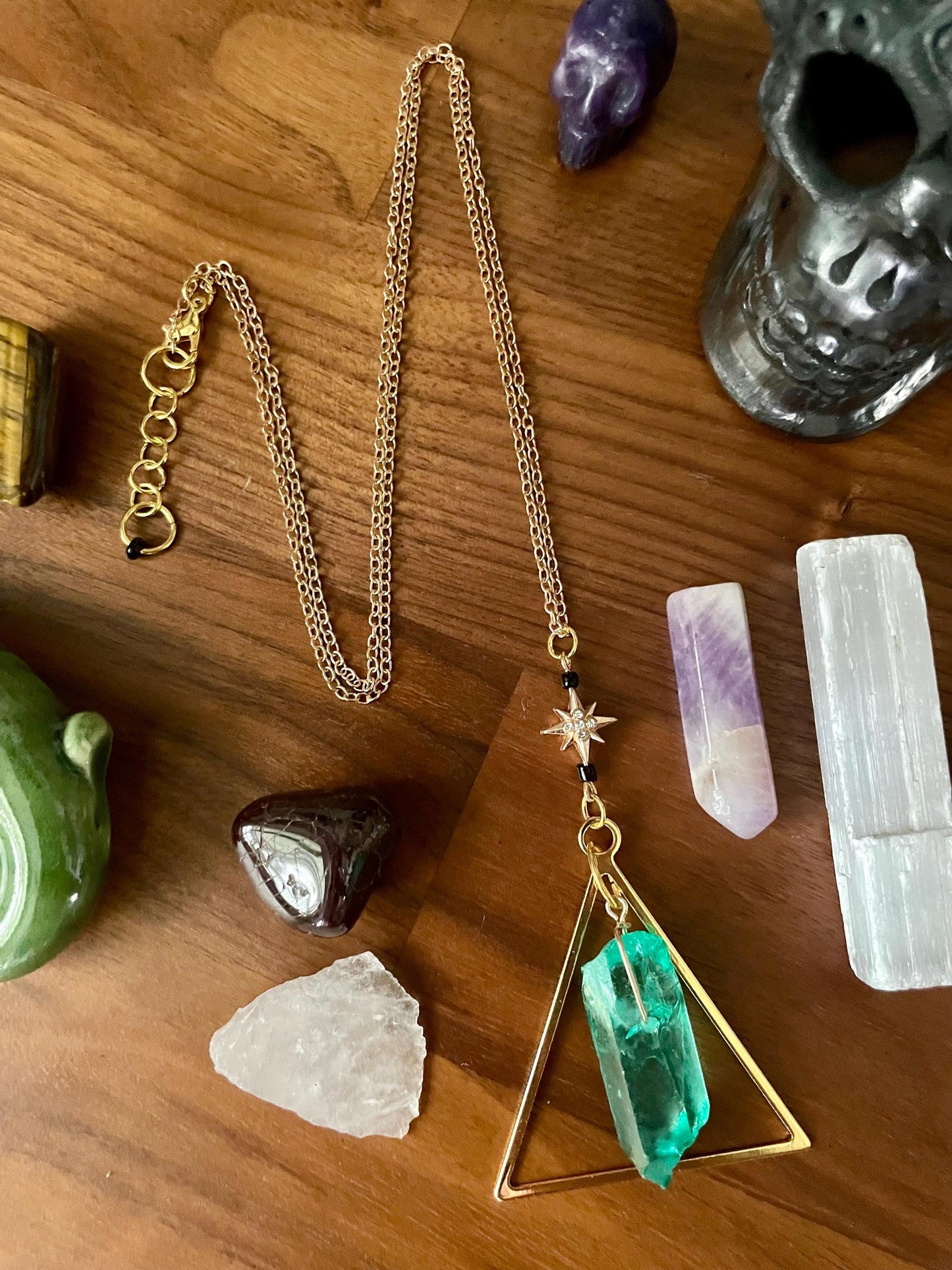 Handcrafted Sedona Quartz Crystal Triangle Statement Necklace with Gold Rhinestone Twinkle Star | Nickel Free Hypoallergic steel chain