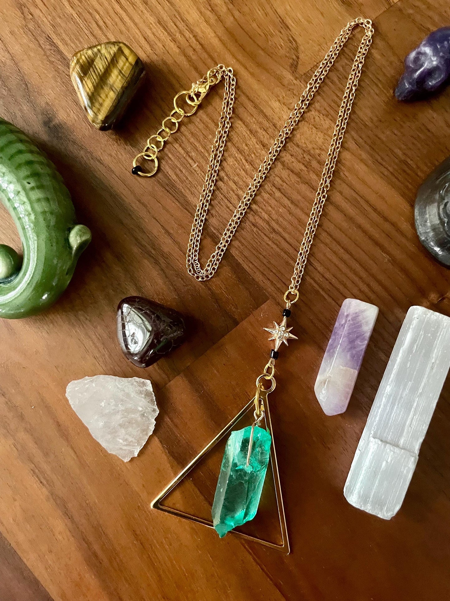Handcrafted Sedona Quartz Crystal Triangle Statement Necklace with Gold Rhinestone Twinkle Star | Nickel Free Hypoallergic steel chain