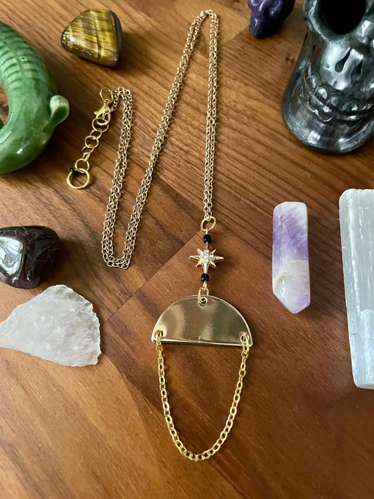 Black & Gold Celestial Star Dangly Pendant Statement Necklace | Witchy necklace | Boho necklace | Nickel Free Hypoallergic chain