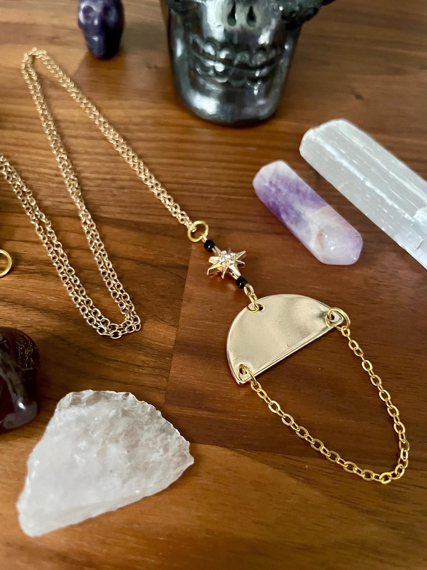 Black & Gold Celestial Star Dangly Pendant Statement Necklace | Witchy necklace | Boho necklace | Nickel Free Hypoallergic chain