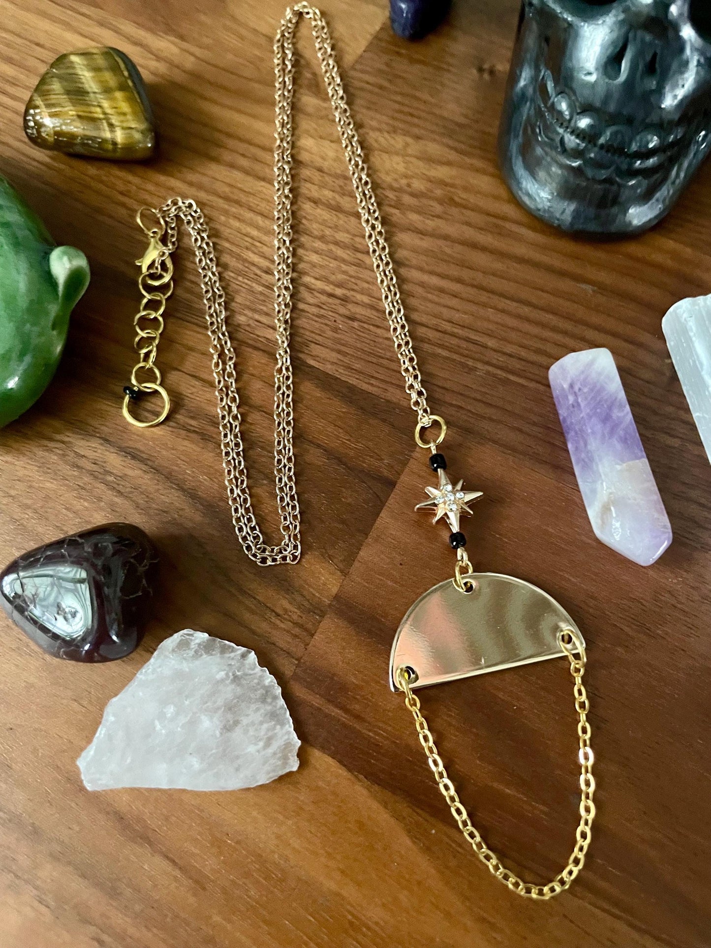 Black & Gold Celestial Star Dangly Pendant Statement Necklace | Witchy necklace | Boho necklace | Nickel Free Hypoallergic chain