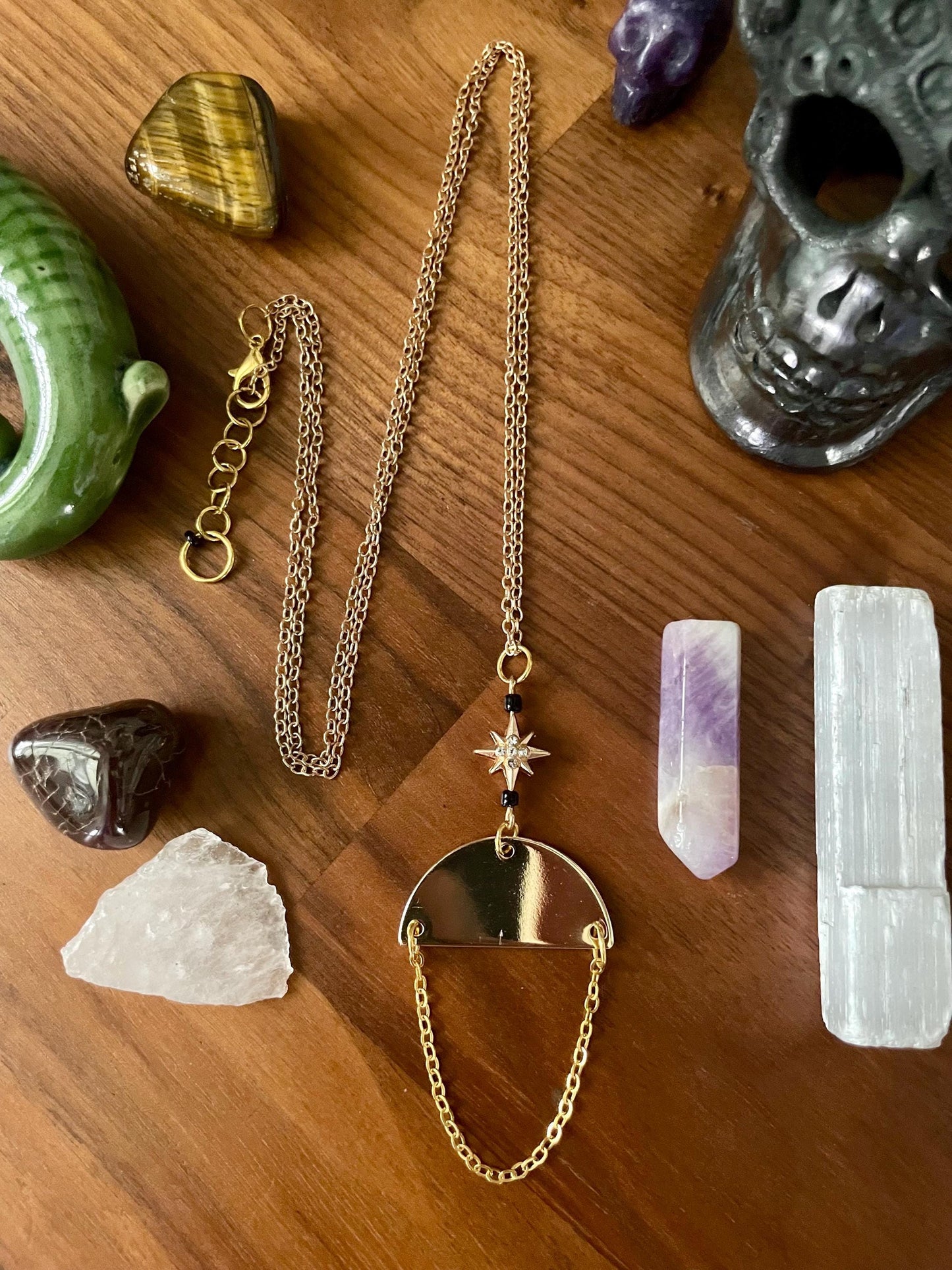 Black & Gold Celestial Star Dangly Pendant Statement Necklace | Witchy necklace | Boho necklace | Nickel Free Hypoallergic chain