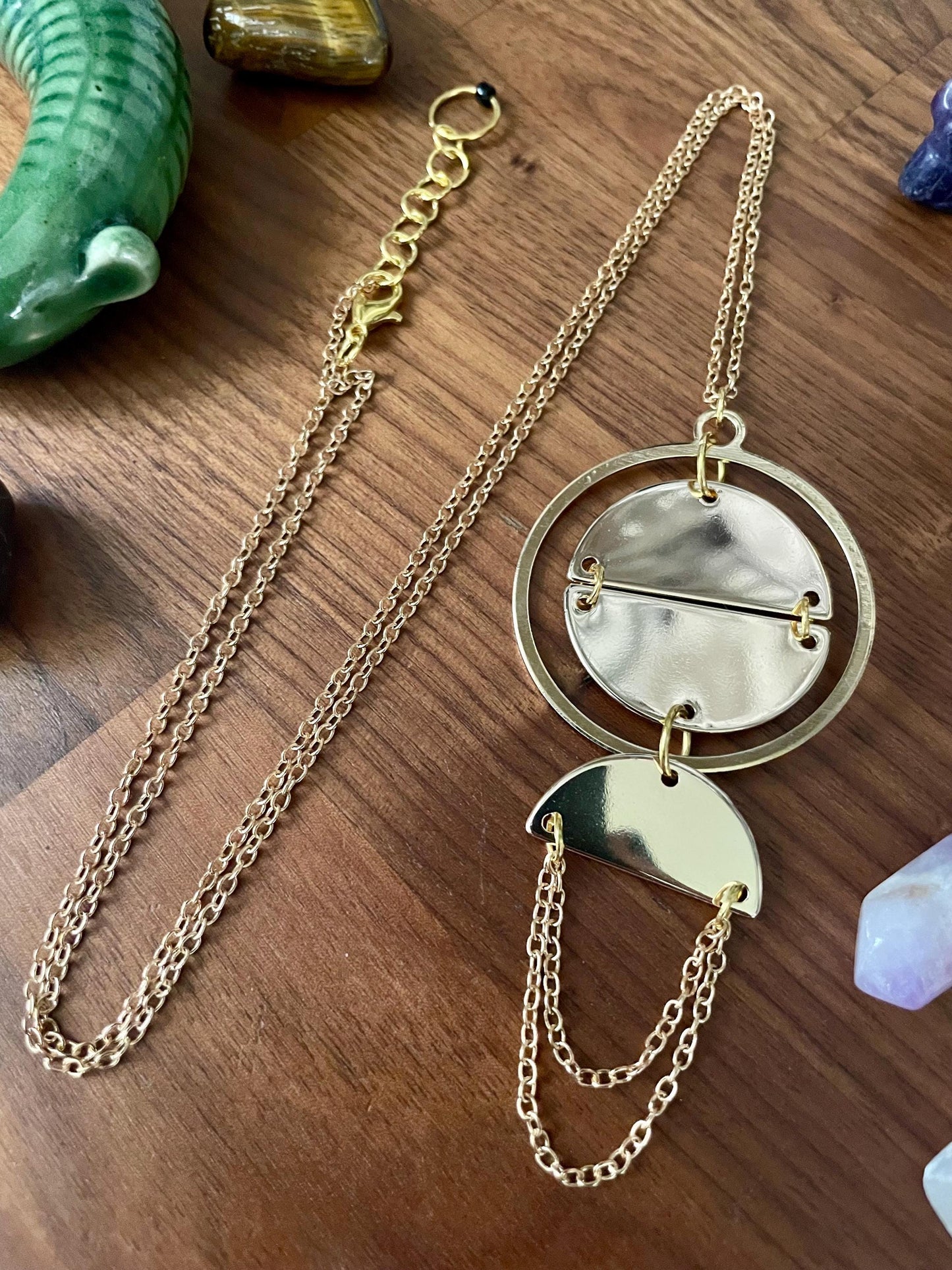 Golden Spellbinder Statement Necklace | Witchy Boho Circular Pendant | Nickel Free Hypoallergic gold tone chain