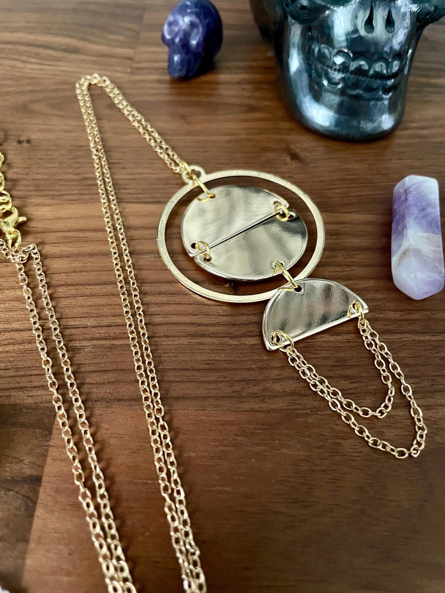 Golden Spellbinder Statement Necklace | Witchy Boho Circular Pendant | Nickel Free Hypoallergic gold tone chain