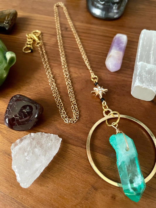 Celestial Green Sedona Quartz Twinkle Star Gold Dangle Statement Necklace | Nickel Free Hypoallergic chains | Witchy Boho Necklace