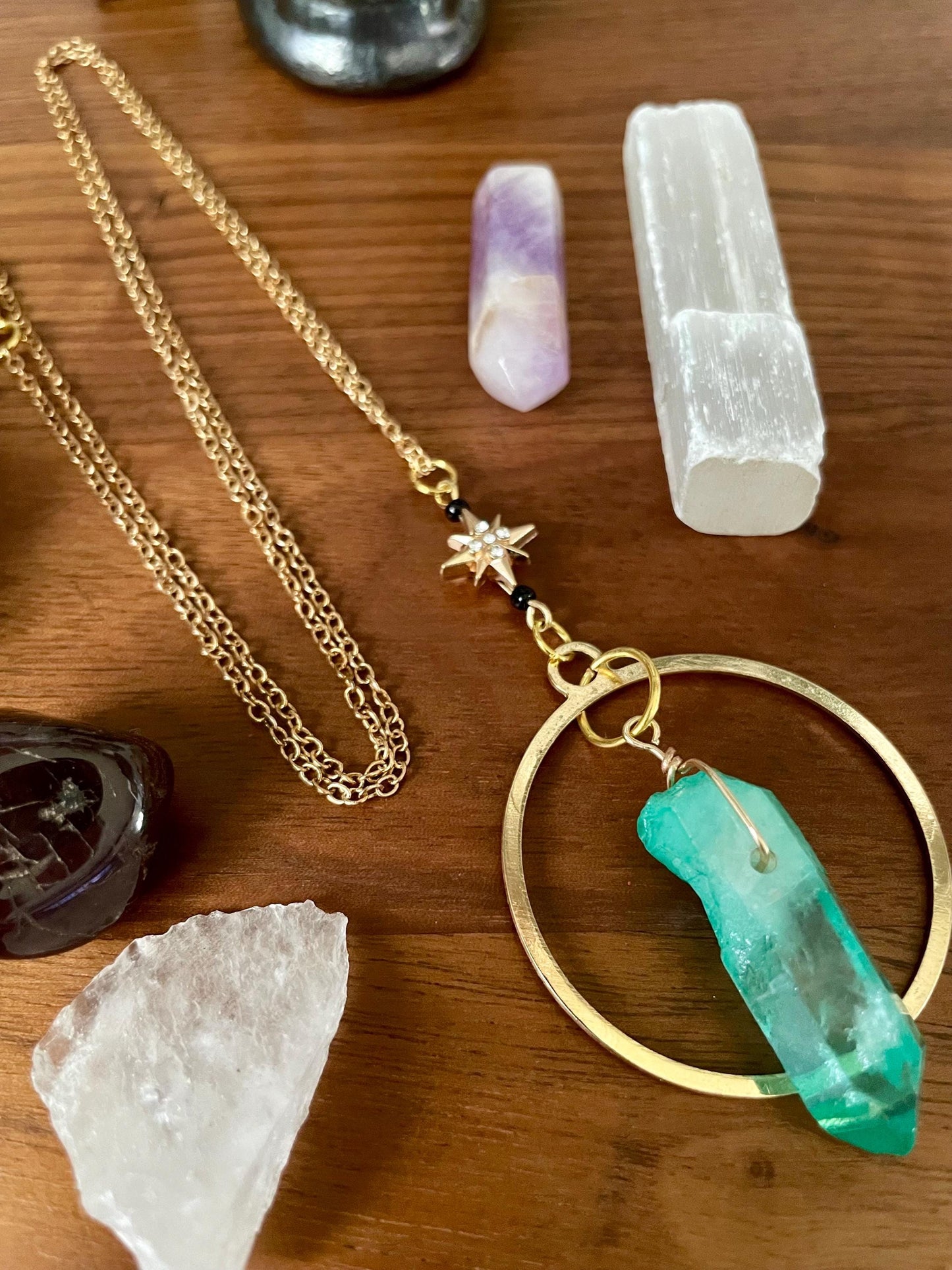 Celestial Green Sedona Quartz Twinkle Star Gold Dangle Statement Necklace | Nickel Free Hypoallergic chains | Witchy Boho Necklace