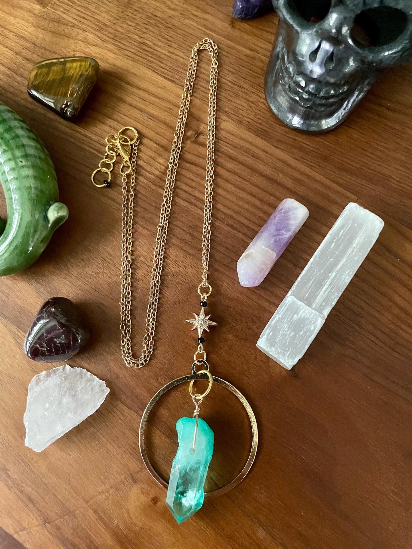 Celestial Green Sedona Quartz Twinkle Star Gold Dangle Statement Necklace | Nickel Free Hypoallergic chains | Witchy Boho Necklace