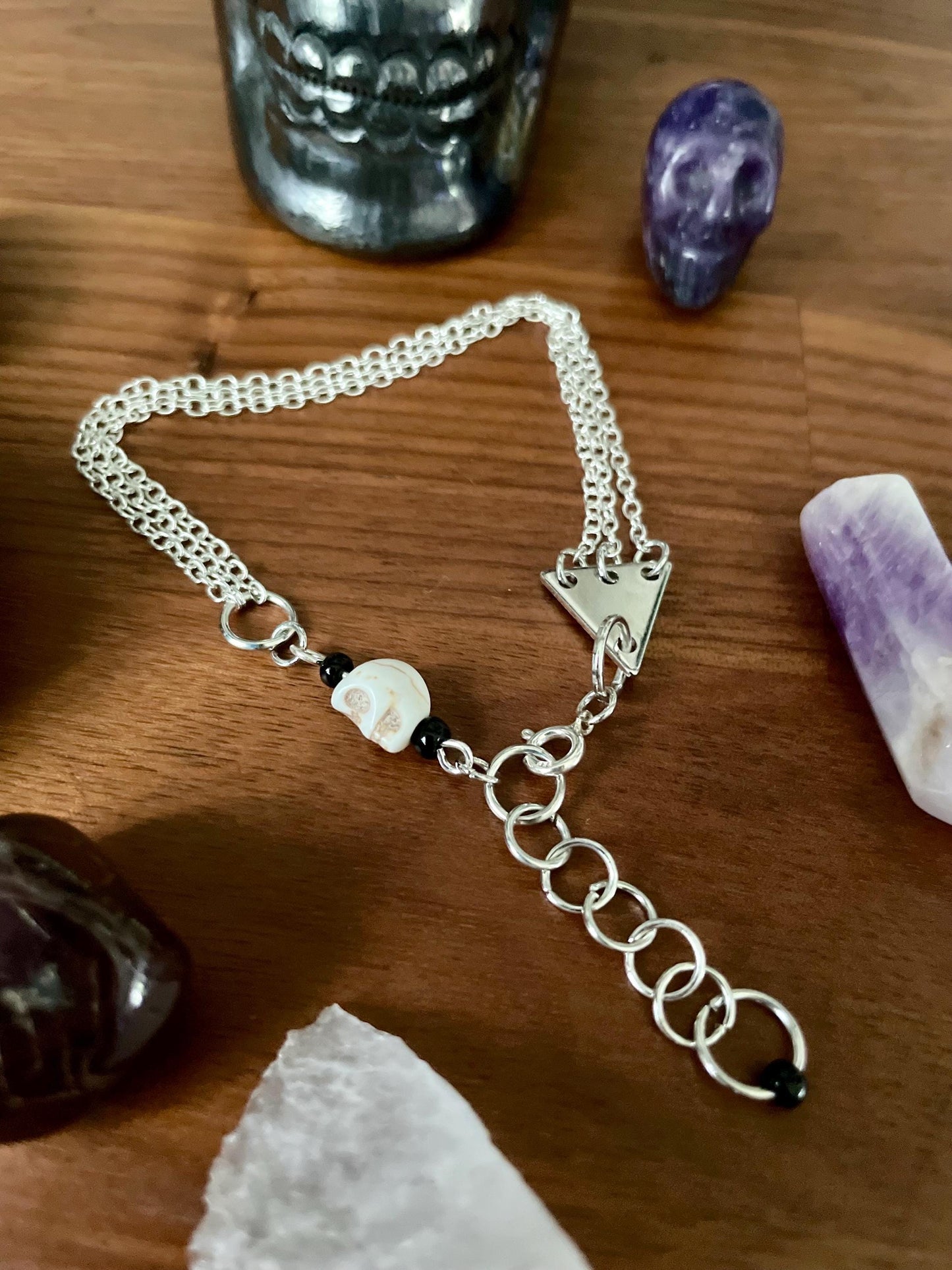 Howlite skull dangly three chain adjustable size bracelet | Witchy boho punk bracelet | Nickel Free Hypoallergic silver tone chain