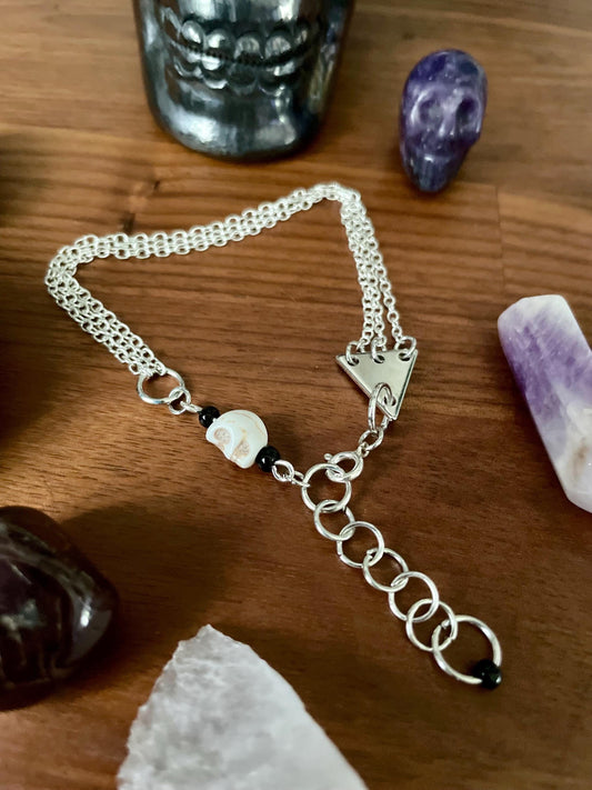 Howlite skull dangly three chain adjustable size bracelet | Witchy boho punk bracelet | Nickel Free Hypoallergic silver tone chain