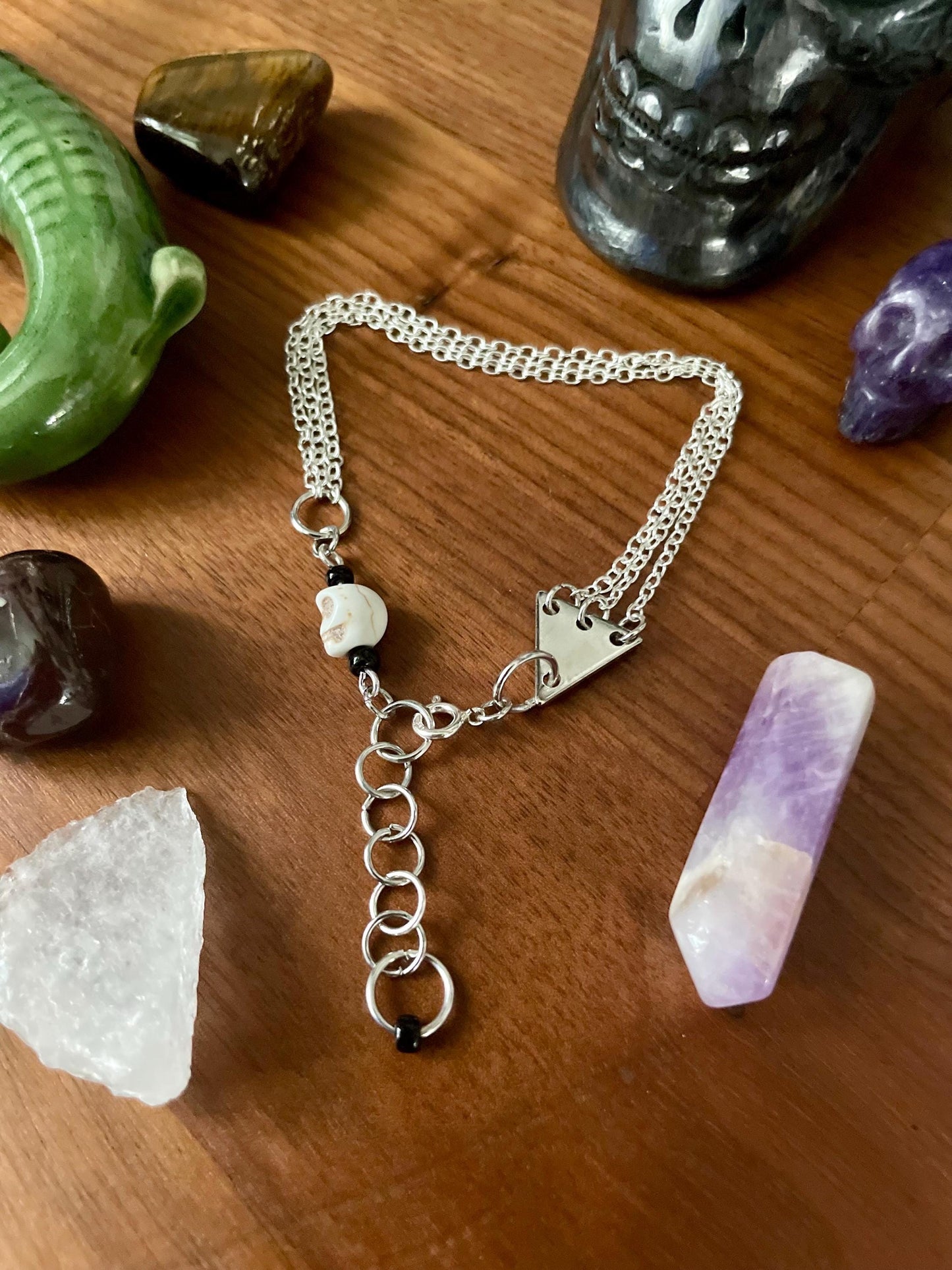 Howlite skull dangly three chain adjustable size bracelet | Witchy boho punk bracelet | Nickel Free Hypoallergic silver tone chain