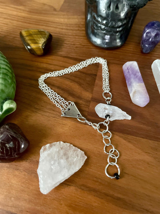 Clear quartz dangly three chain adjustable size bracelet | Witchy boho punk bracelet | Nickel Free Hypoallergic silver tone chain