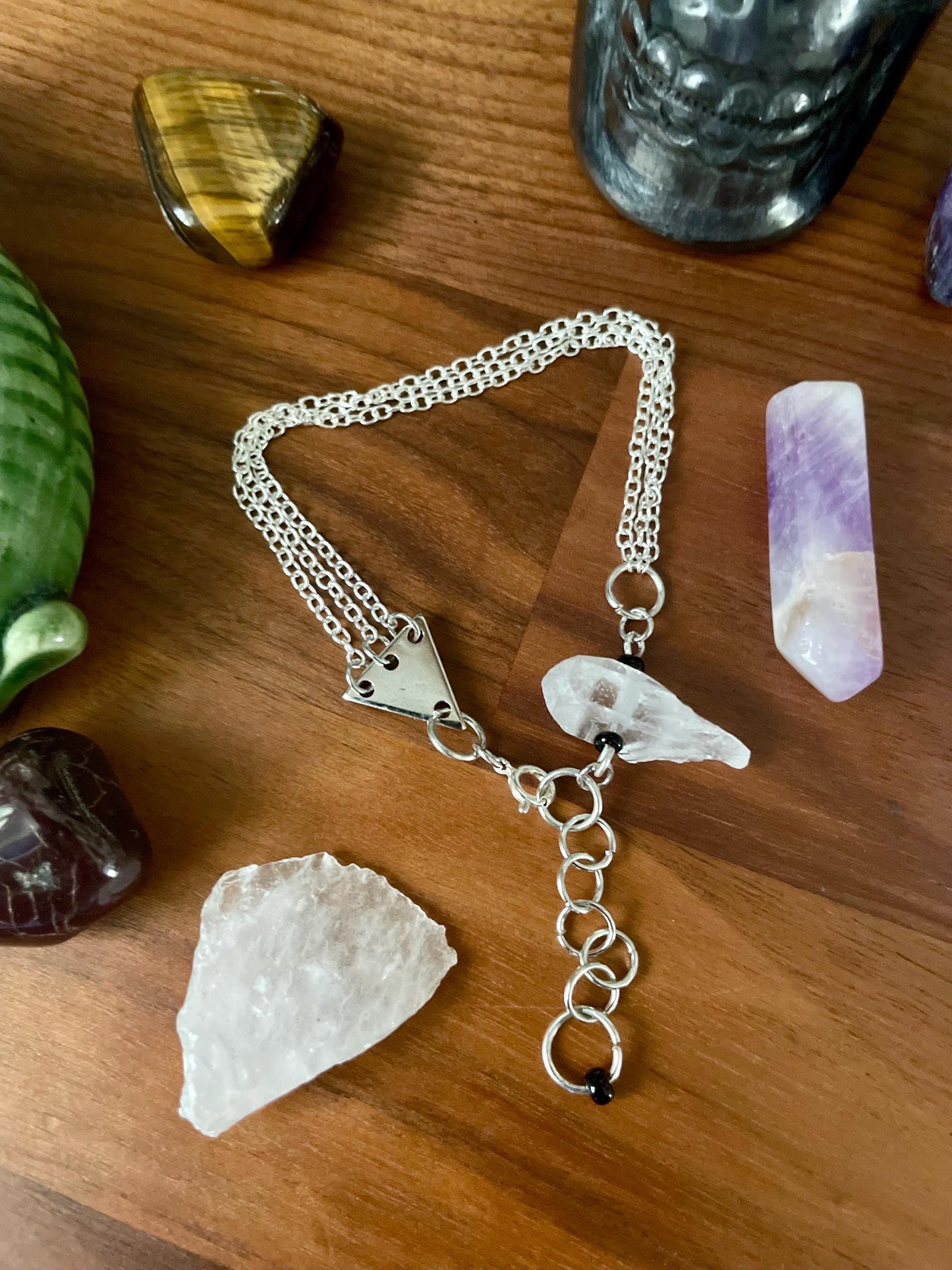 Clear quartz dangly three chain adjustable size bracelet | Witchy boho punk bracelet | Nickel Free Hypoallergic silver tone chain