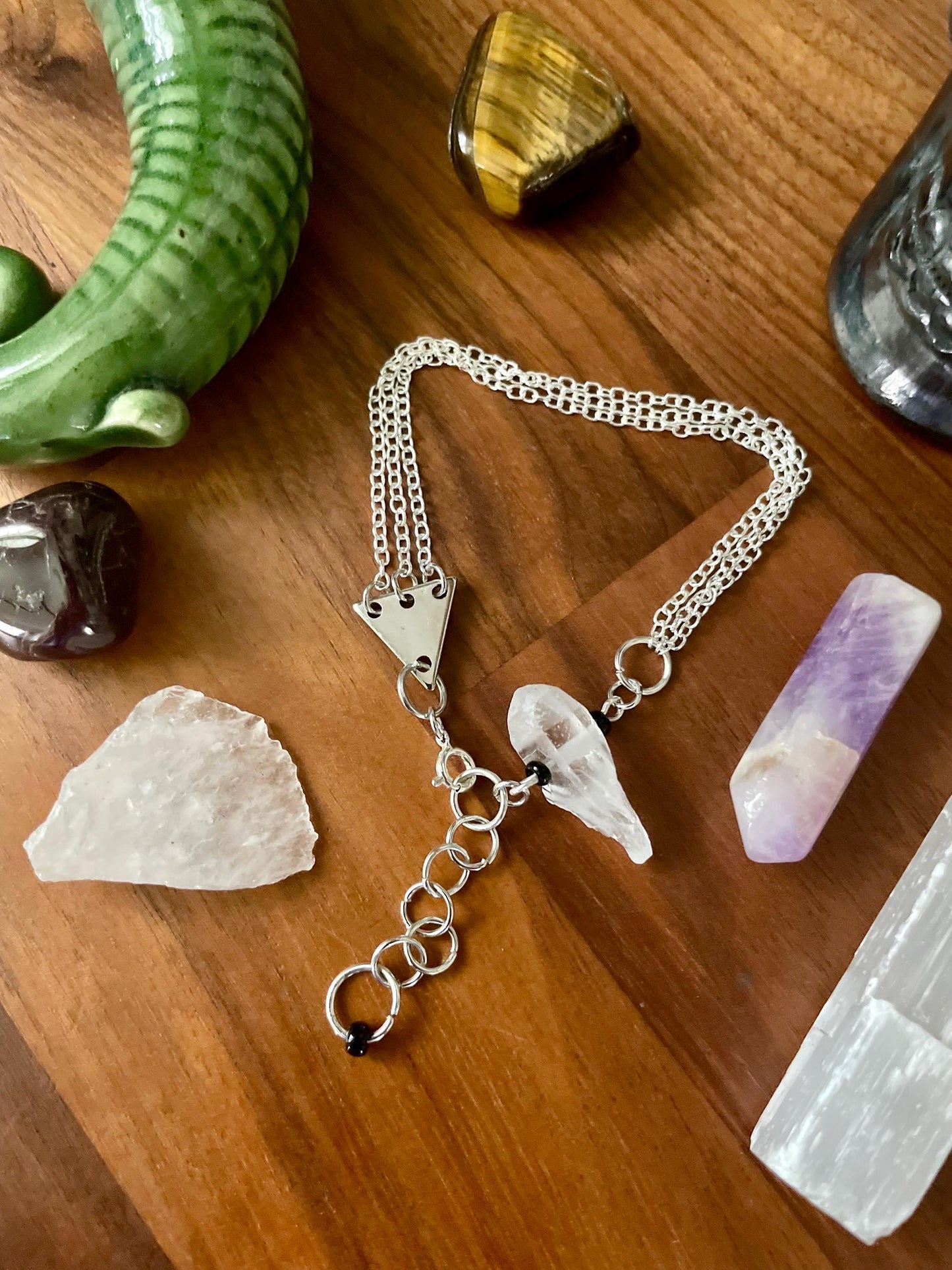 Clear quartz dangly three chain adjustable size bracelet | Witchy boho punk bracelet | Nickel Free Hypoallergic silver tone chain