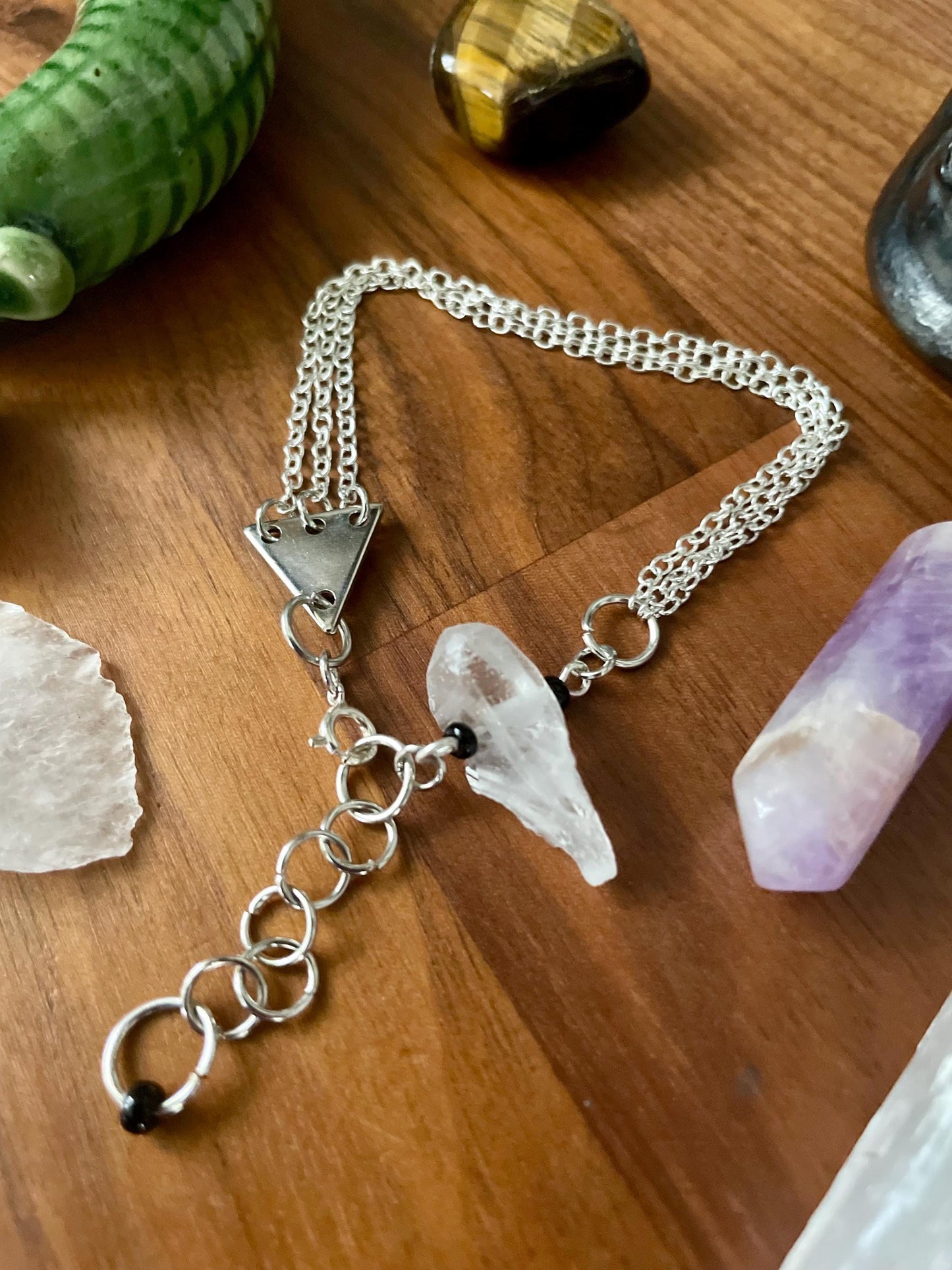Clear quartz dangly three chain adjustable size bracelet | Witchy boho punk bracelet | Nickel Free Hypoallergic silver tone chain