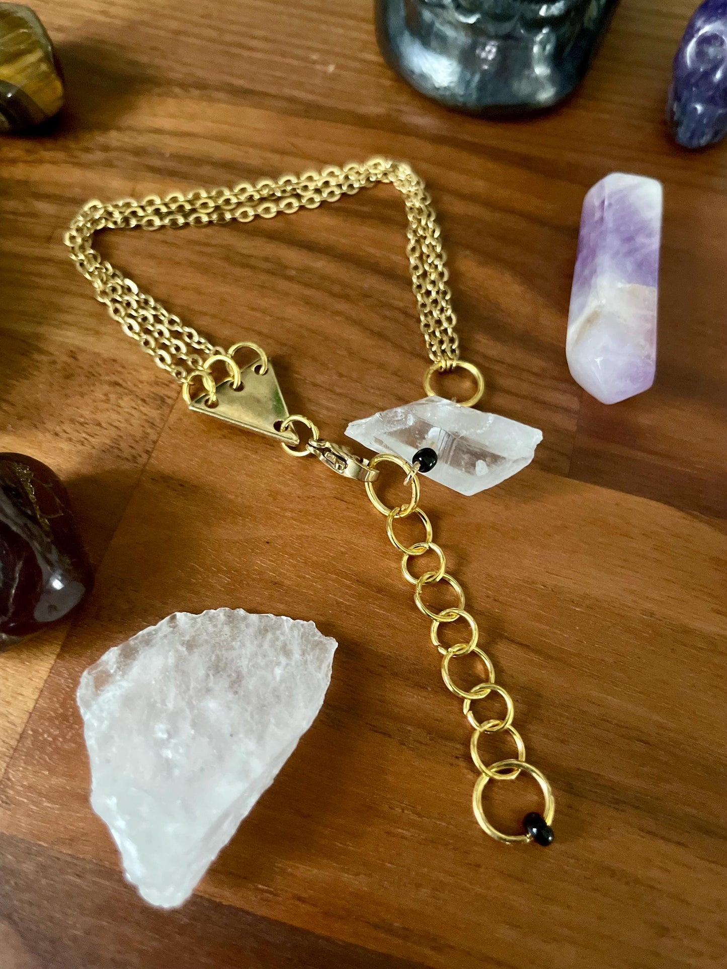 Clear quartz dangly three chain adjustable size bracelet | Witchy boho punk bracelet | Nickel Free Hypoallergic gold tone chain