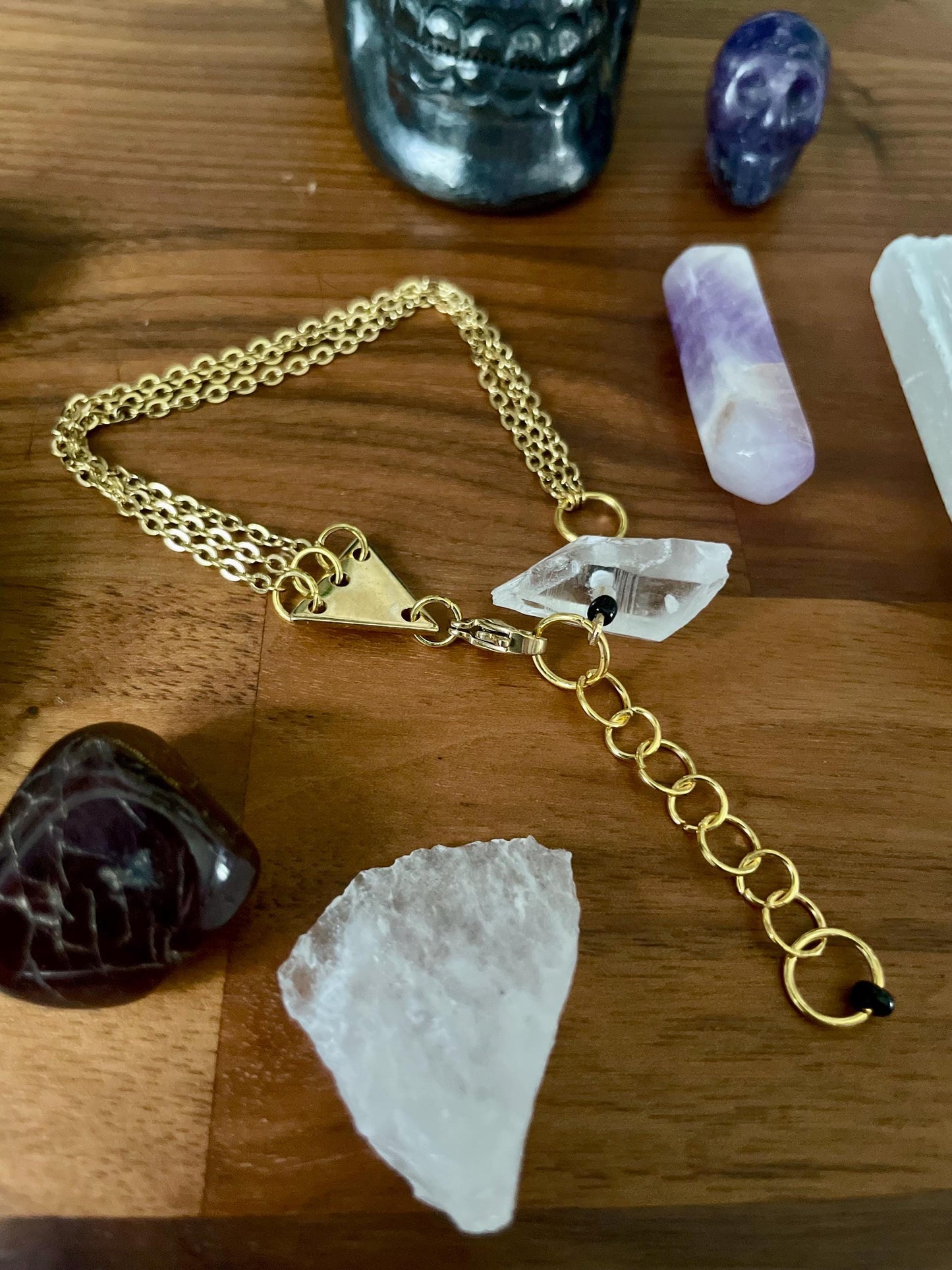 Clear quartz dangly three chain adjustable size bracelet | Witchy boho punk bracelet | Nickel Free Hypoallergic gold tone chain