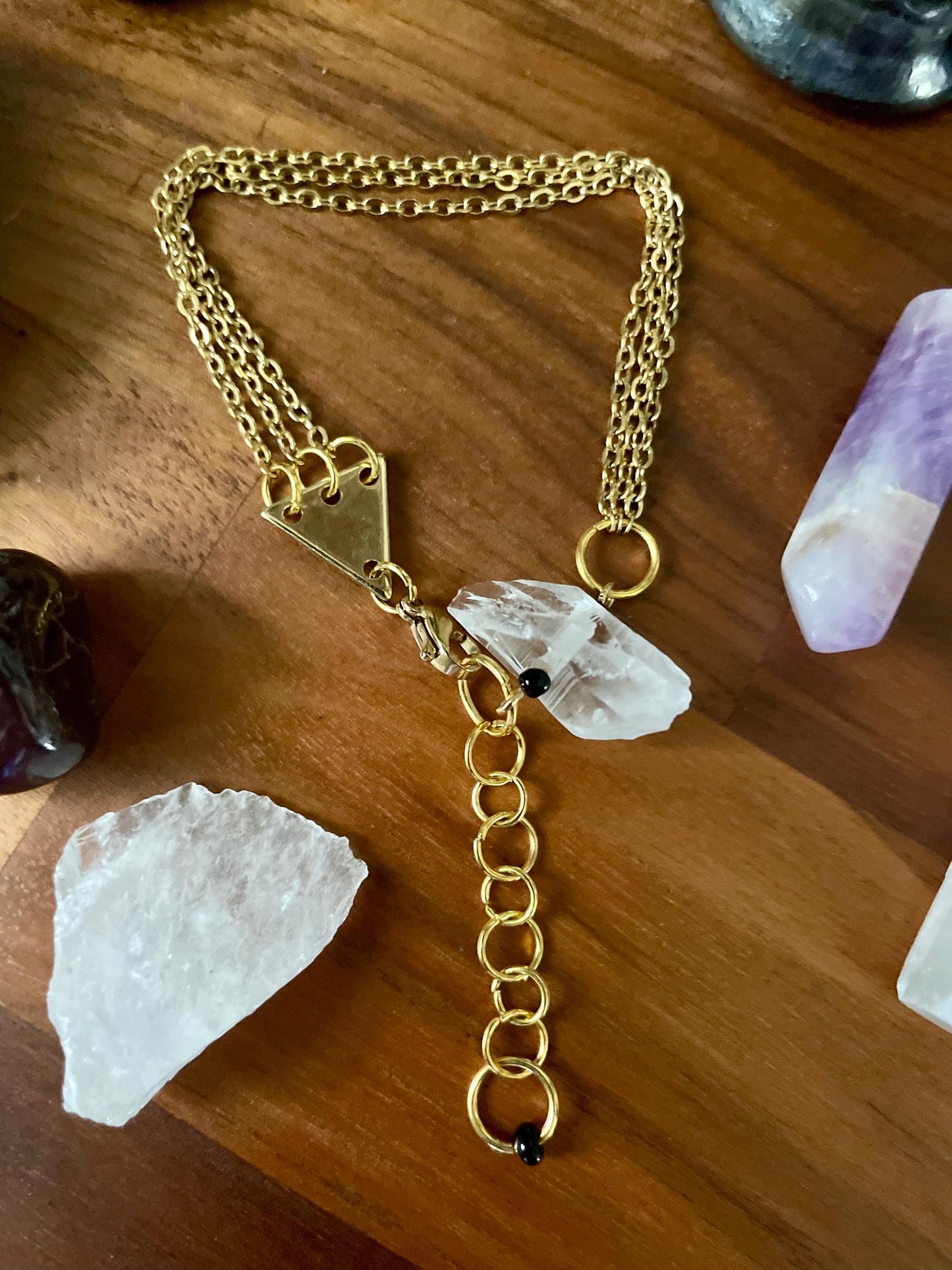 Clear quartz dangly three chain adjustable size bracelet | Witchy boho punk bracelet | Nickel Free Hypoallergic gold tone chain