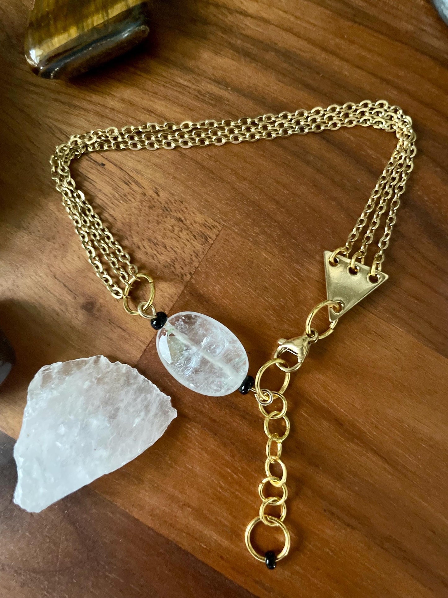 Vintage clear glass bead dangly three chain adjustable size bracelet | Witchy boho punk bracelet | Nickel Free Hypoallergic gold tone chain