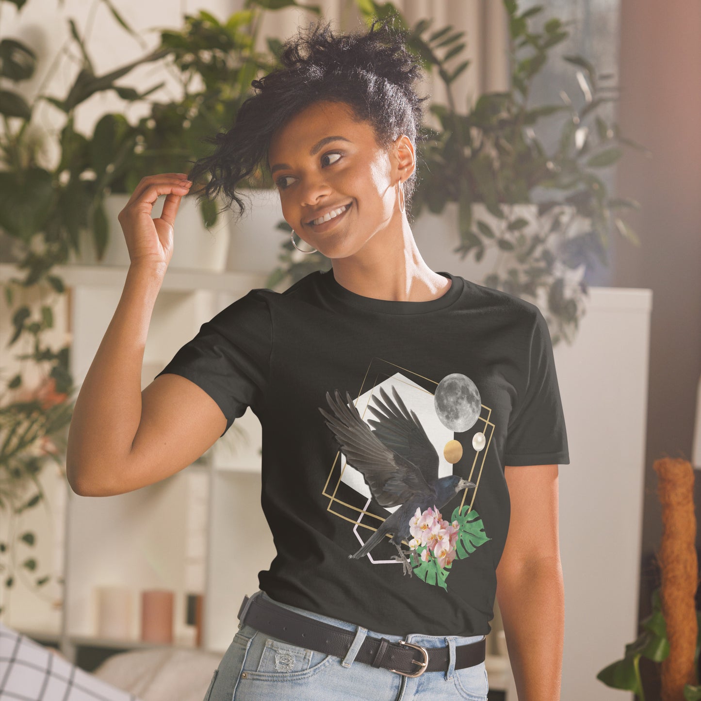 Raven in Flight & Full Moon Collage T-Shirt - Mystical Night Vibes