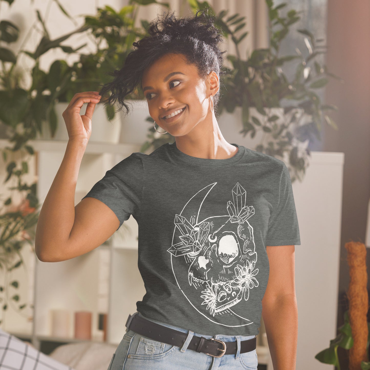 Cat Skull Short-Sleeve Unisex T-Shirt, White graphic on black t-shirt