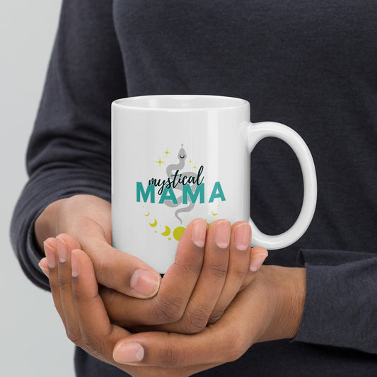Mystical Mama White Glossy Ceramic Coffee Mug, Witchy Mama Coffee Mug, Magic Mama coffee Mug, Moon Phases Coffee Mug, Snake Coffee Mug